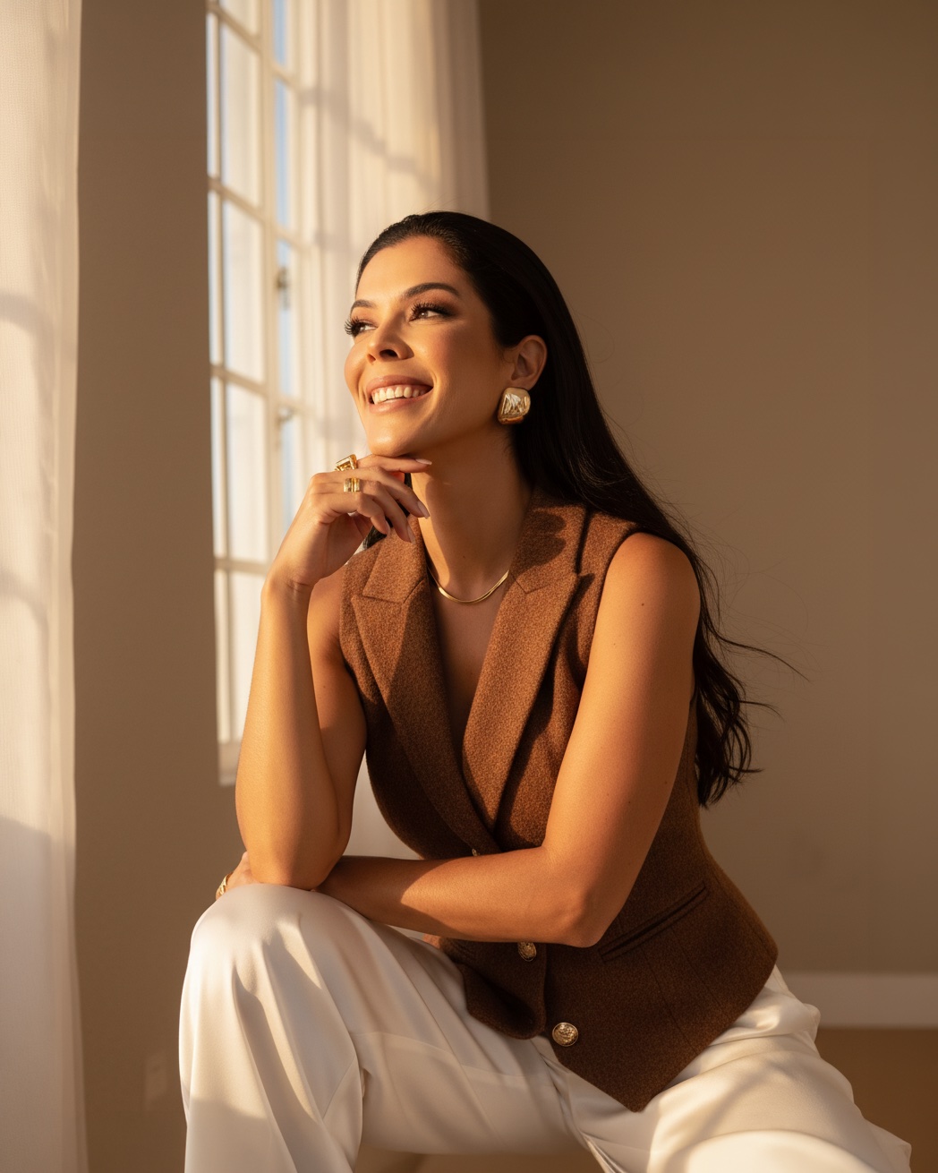 Carol Caldas sorri à janela, banhada de luz quente